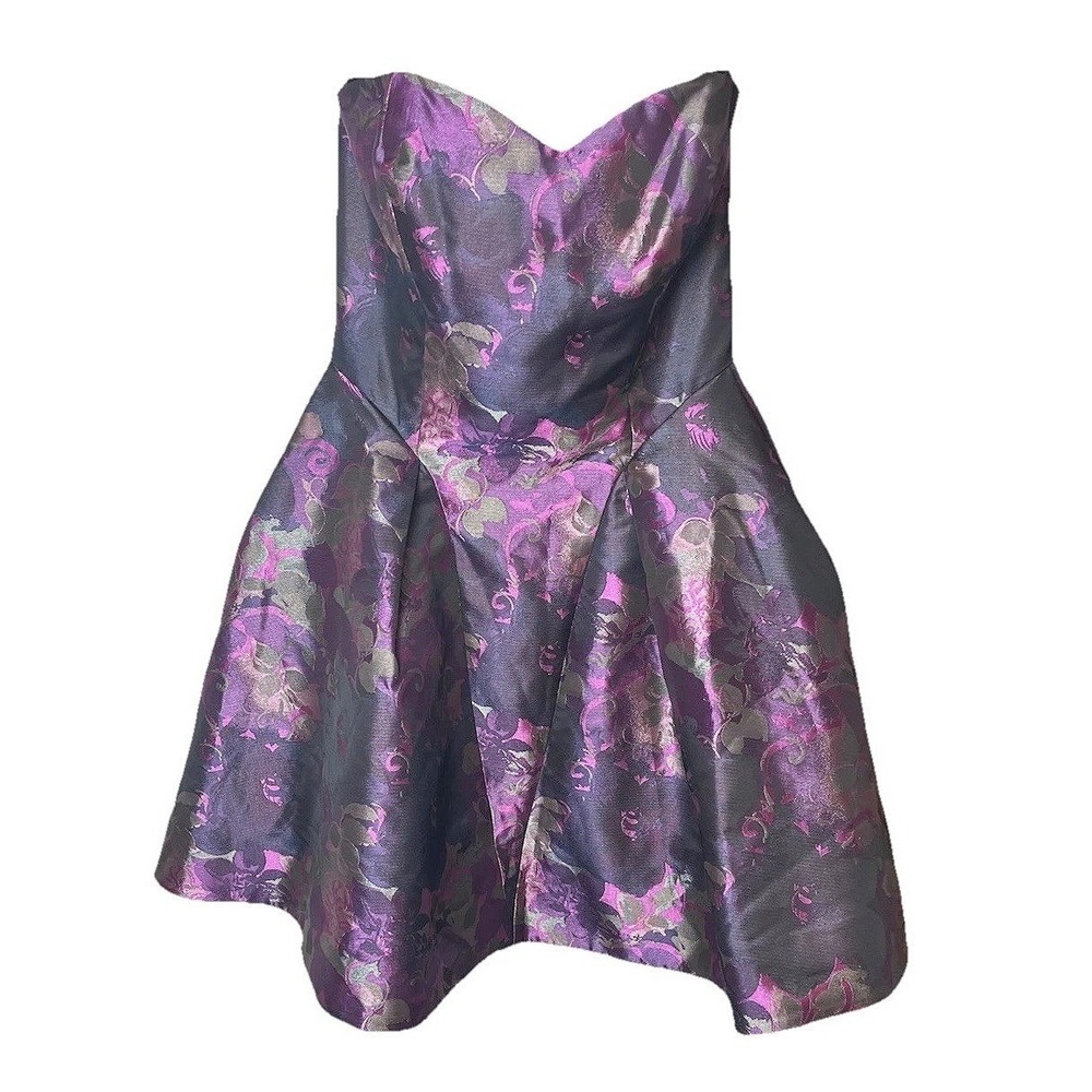 Betsey Johnson Collection Purple Metallic Floral Brocade Strapless Mini Dress 0 - Picture 2 of 9